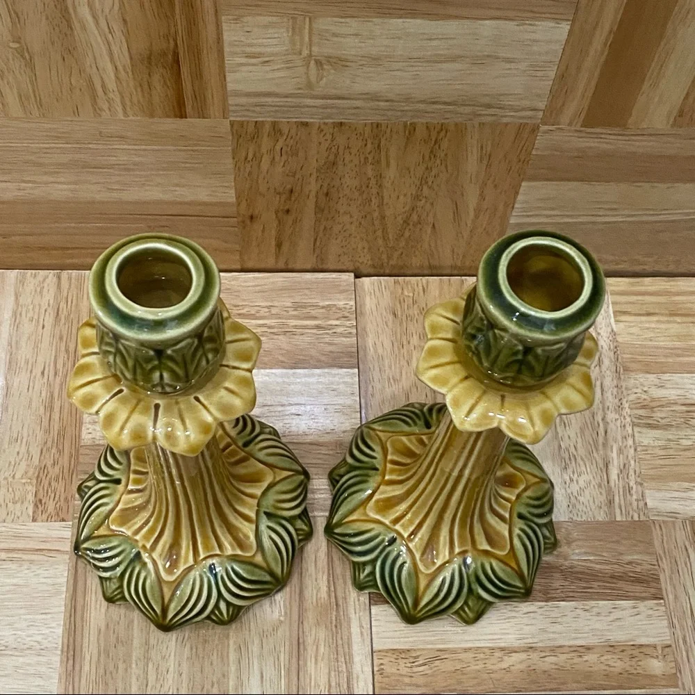 Pair of Sur La Table Portugal Ceramic Glazed Leaf Flower Candle Stick Holder